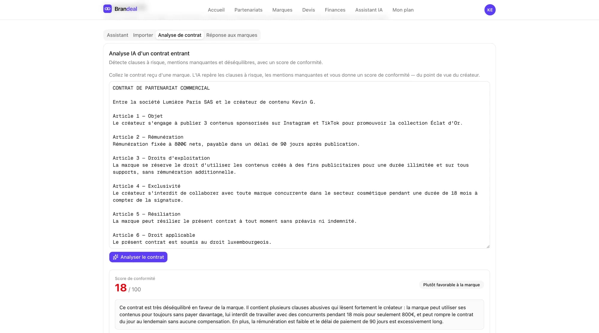 Interface d'analyse de contrat Brandeal