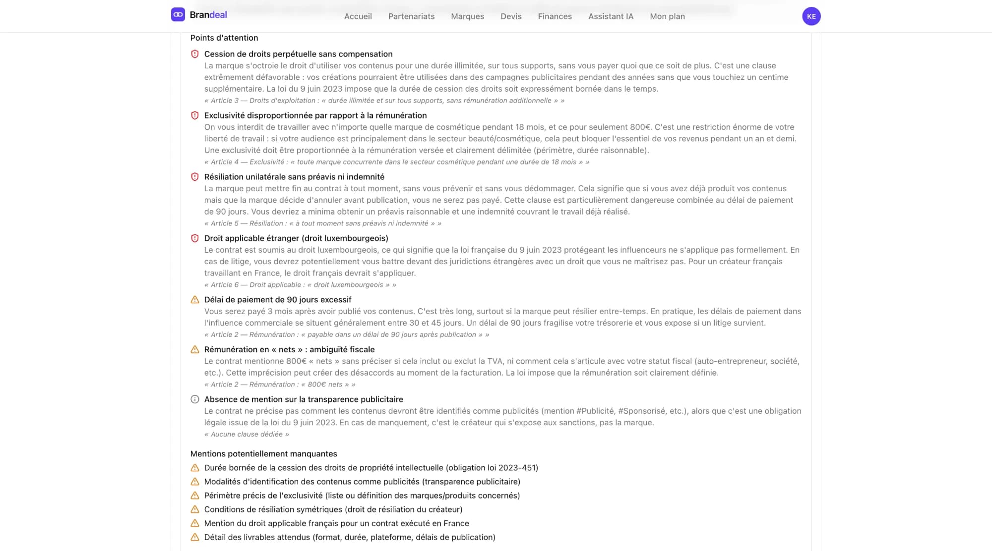 Résultats de l'analyse IA — clauses à risque détectées